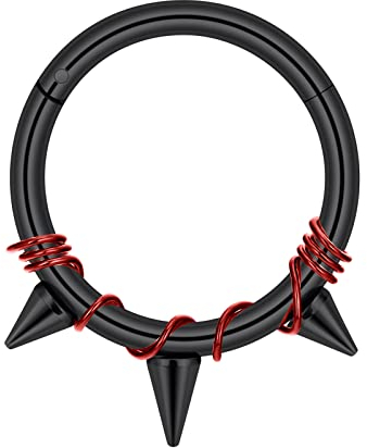 Longbeauty 16G 1.2mm Edelstahl Piercing Ringe Segmentring Clicker Nasenringe Ohrringe Nahtlose Hoops Spikes für Tragus Knorpel Septum Helix, 8mm, Schwarz/Rot