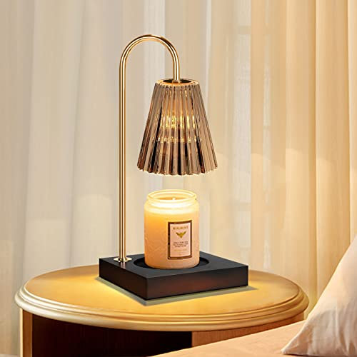 OKYUK Candle Warmer Lamp Compatible with Jar Candles Vintage Electric Candle Lamp Dimmable Candle Melter Top Melting for Scented Wax,Wooden Base with Glass Lampshade, with 2 Bulbs (Smoke Gray)