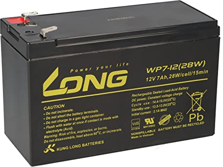 1 batterie au plomb AGM 12 V 7 Ah longue WP7-12 28 W VDs Faston F2 6,3 mm compatible gel plomb 7,2 Ah 8 Ah 9 Ah