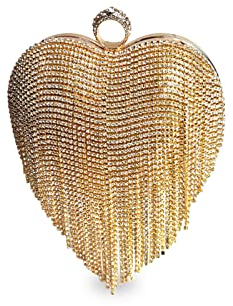 CORIOS Herzform Abendtasche Damen Strass Fransen Clutch Tasche Klein Tasche Abnehmbarer Kette Handtasche Glitzer Schultertasche Umhängetasche für Abendparty Hochzeit Tanzparty Geburtstag Gold