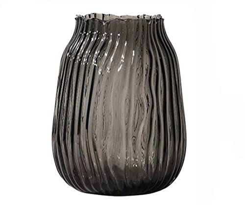Vase en Verre Gris Noir pour Fleurs, Grand Vase en Verre Gris foncé avec bourgeons, Vase strié de H-21cm pour Le Sol de la Maison, la Maison de Campagne, Centre de Table de café.