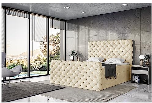 MEBLINI King Boxspringbett mit Bettkasten - Gepolstert Doppelbett mit Matratze und Topper - Polsterbett mit Stauraum - Bett mit Kopfteil - Stauraumbett - Duke - 200x200 - H3/Beige Samt