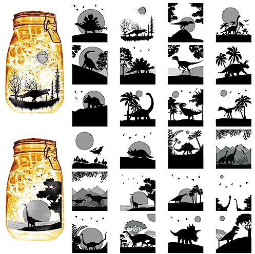 CREATCABIN 24 Stück Dinosaurier-Silhouetten,Einmachglas,Laterne,Laserausschnitte,Kunststoff,Sammelalbum,Verzierung Für Gläser,Wand,Fenster,Dekoration,Geschenke,Schwarz,10x9cm
