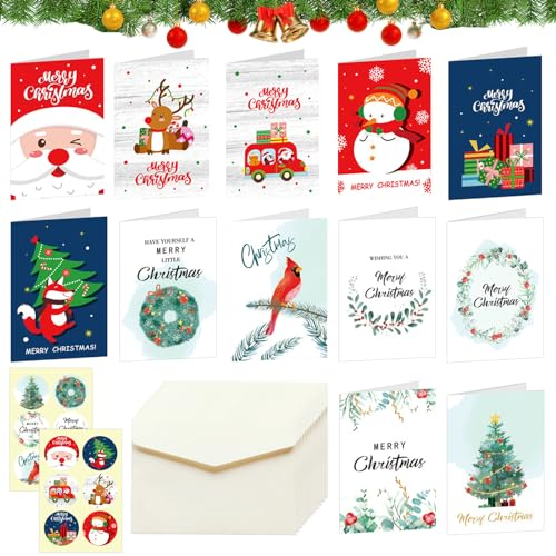 Weihnachtskarten mit Umschlag Set, 12 Stück Weihnachtskarten, Weihnachtskarte Klein, Kinder Klappkarten Postkarten Weihnachten mit Aufkleber, Grußkarten Christmas Cards Weihnachtspostkarten Set(B)