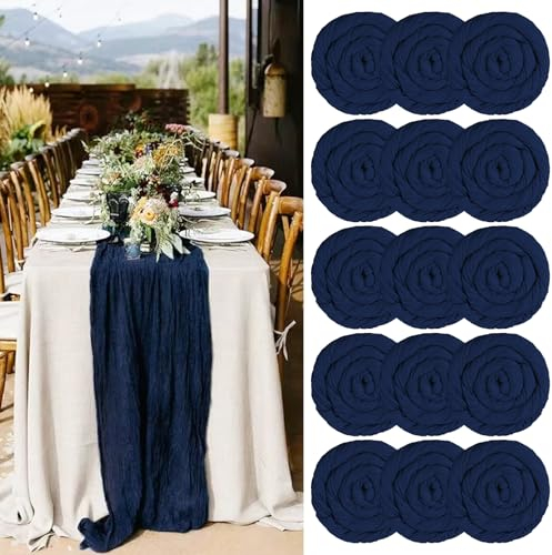 Käsetuch Tischläufer 15 Stück Navy Blau Seihtuch Tischläufer Dunkelblau Transluzent Tüll Tischdecke 55x400cm, Marineblau Rustikaler Gaze Boho-Tischläufer für Hochzeitsfeier Brautparty Tischdekoration