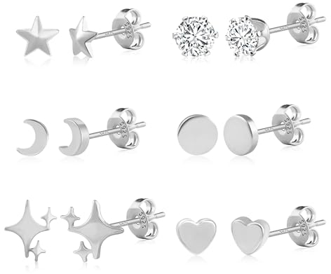 ALEXCRAFT Ohrstecker Silber 925 Ohrringe Set für Damen mädchen Silver Stud Earrings Geschenk für Frauen Freundin Mama Mädchen 6 Paar