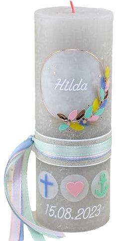 Cerziies® Taufkerze Rustik Hilda Junge oder Mädchen mit Name und Datum, individuell und handverziert 2102, Variante:Glasteelichteinsatz