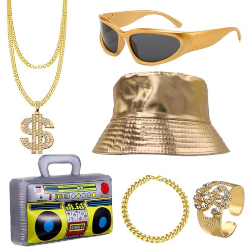 6 pezzi Accessori Rapper Costume,Kit di Costumi Hip Hop Costumi,Rapper Hip Hop Cappello,Segno del Dollaro Bracciale Anello in Oro,Occhiali,Gonfiabile Boom Box,Per Feste Per Cosplay Di Carnevale