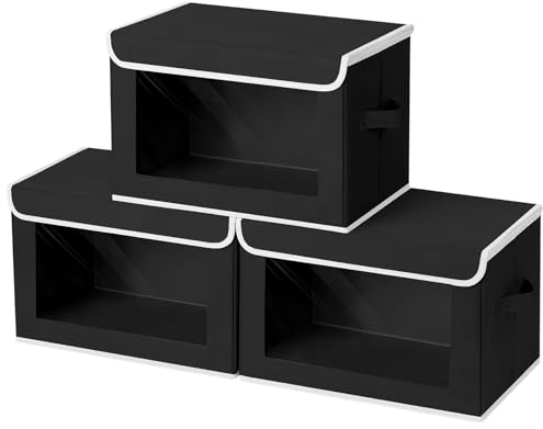 Homsorout Storage Boxes with Lids - 3 Packs Fabric Wardrobe Bins Clothes Organisers Foldable Baskets for Closet, Shelf, Bedroom - Black and White