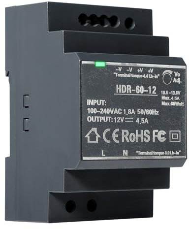 DEWIN Alimentation sur Rail Din,HDR-60W Transformateur de Rail DIN d'alimentation à découpage for Rail DIN équipement d'automatisation Industrielle (DC 12V 4.5A)