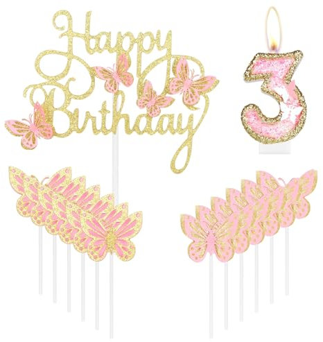 mciskin Gold Pink Happy 3rd Birthday Candles,Butterfly Cake Decorations,Gold Pink Number 3 Candle for Cake Toppers Girls,Glitter Butterfly Topper for Girls' 3rd Birthday Decorations