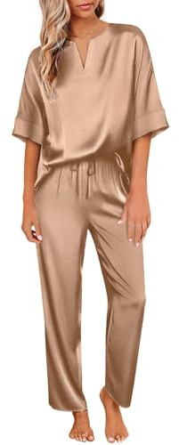 Ekouaer Ensemble de Pyjama Femme en Satin Manche Courte Vêtements de Nuit pour Toutes Les Saisons Soie Sleepwear Pantalons Longs Style Classique,S-XXL
