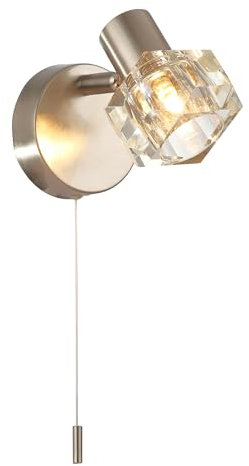 Happy Homewares Modern Satin Nickel Wall Light Fitting with Chunky Square Clear Ice Cube Glass Shade and Pull Switch | G9 | 10cm x 8cm x 17cm