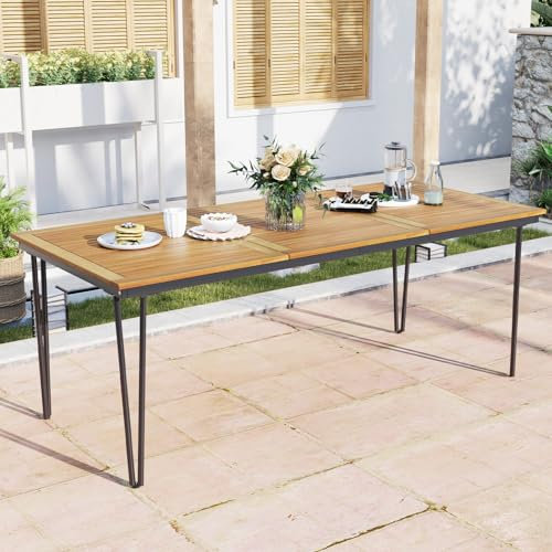 GOPLUS Table de Salle à Manger Jardin pour 8 Personnes, Table à Manger Extérieure en Bois d'Acacia avec Trou de Parasol, Cadre en Métal, Pieds Réglables, pour Jardin, Terrace(Style,90x200x75CM)