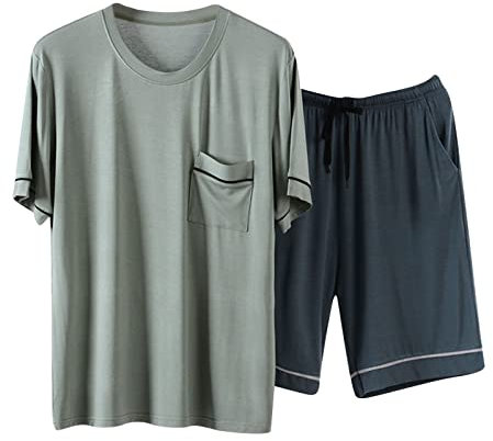 Beokeuioe Pyjama Modal Baumwolle Nachtwäsche Herren Schlafanzug Kurzer 2-teiliger Sommer Shorty Loungewear Rundhals Hausanzug Nachthemd + Schlafanzughosen Sleepwear