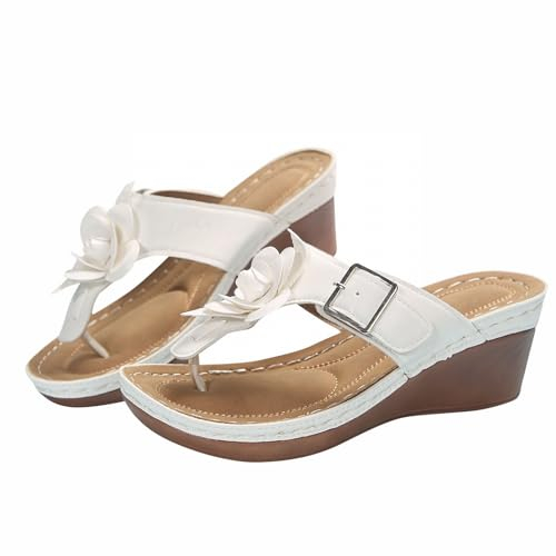 Stivali invernali con zeppa nascosta per donna moda retrò in pelle solida fiore decorativo punta aperta suola spessa sandali con zeppa da donna in memory foam, bianco, 40 EU