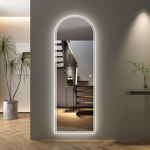 LED Ganzkörperspiegel mit Beleuchtung 50x150cm Groß Bogen Standspiegel, 150x50 Bodenspiegel 3 Lichtfarbe Dimmbare 3000-6500K, Ganzkörper Spiegel mit Touch Schalter für Ankleide-, Schlaf-, Wohn-