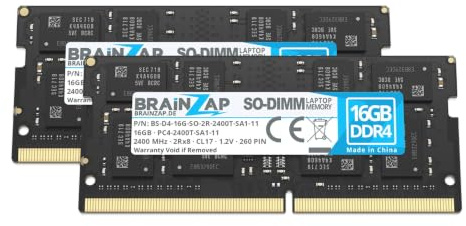 BRAINZAP 32GB (2x16GB) DDR4 2400MHz PC4-2400T-SA1-11 SO-DIMM CL17 2Rx8 1.2V Unbuffered Non-ECC RAM Arbeitsspeicher für Notebook Laptop
