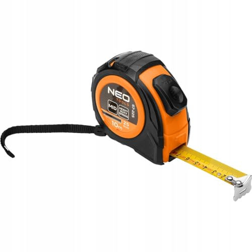 NEO TOOLS Professional Maßband 10 m - Nylon Beschichtung des Maßstabs - 2 Stopp-Tasten - Bandbreite 25 mm - Automatischer Bandstopp - MID-Genauigkeit - Anti-Rutsch Gehäuse, Gürtelklemme