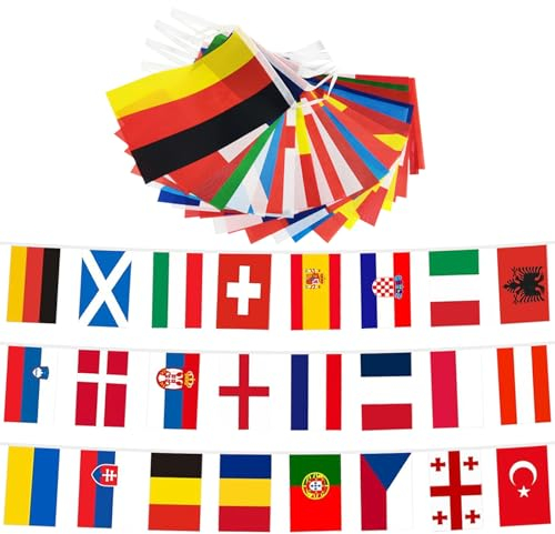 Europäische Flagge Wimpelkette, EM Fahnen Wimpelkette für Euro Fußball 2024, 24 Länder Doppelseitige Stoff EM Deko Wimpel Girlande, 24 Mannschaften Flaggen Wimpel für Party Bar Club Garten Straße Deko