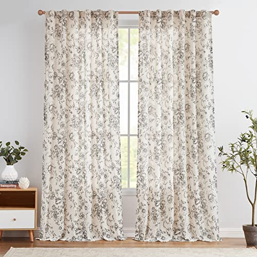 Vangao Leinen Gardinen mit verdeckten Schlaufen Leinen Vorhänge 140Bx225H(cm) Länge Blumen Bedruckte Landhaus Halbtransparent Curtains Fenster Vorhänge für Wohnzimmer 2 Panels Schwarz auf Beige