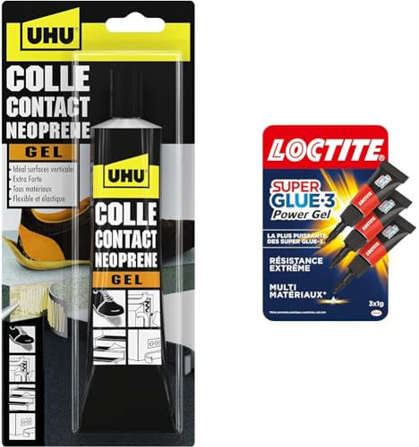 UHU Contact néoprène gel - Colle super forte universelle et gélifiée, ne goutte pas et ne file pas & Loctite Super Glue-3 Power Gel Mini Dose, colle forte enrichie en caoutchouc
