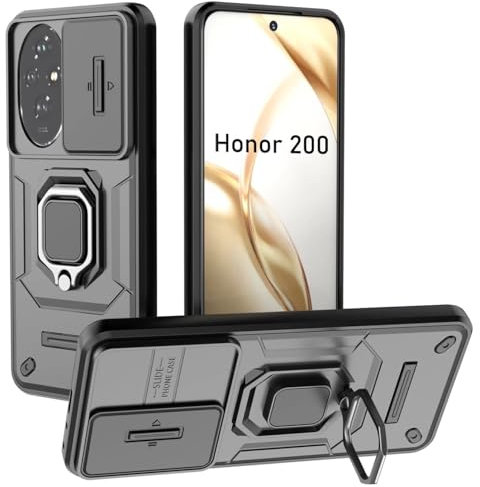 DERHAN Cover per Honor 200, Custodia Antiurto con Copertura Scorrevole Della Fotocamera e Supporto - Nero