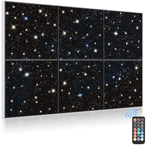 JBER Art Acoustic Panels with Starlight Flashes, 6 Pack Self-Adhesive Wall Paintings for Celling Decoration, Sound Proofing Panels for Recording Studio, Bedroom,180 x 120cm(Power adapter not included)