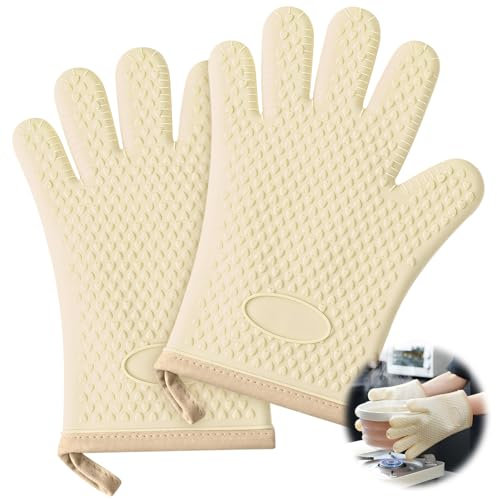 Oven Mitts Heat Resistant Thicken Silicone Cotton Lining Kitchen Gloves for 1200 ℃ with Waterproof and Non-Silp, Set of 2 Oven Five Fingers Gloves for Baking Cooking Barbecue Microwave (Beige)