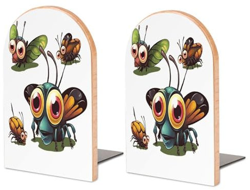 Serre-livres robustes en bois avec imprimé insectes de dessin animé, serre-livres décoratifs, serre-livres antidérapants pour étagères (1 paire, grand)