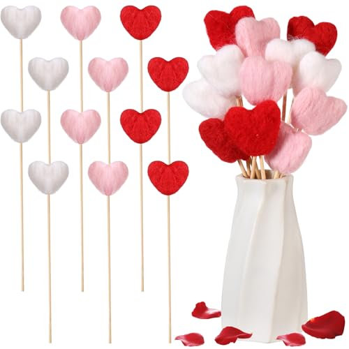 Beeveer 12 Stück Valentinstag Filz Herz Blumenstrauß Valentinstag Herz Blume Picks Herz Stick Set Verwendung als Geschenk Künstlicher Blumenstrauß Herz Pick Mittelstück Vase Füllstoff Kuchen Topper