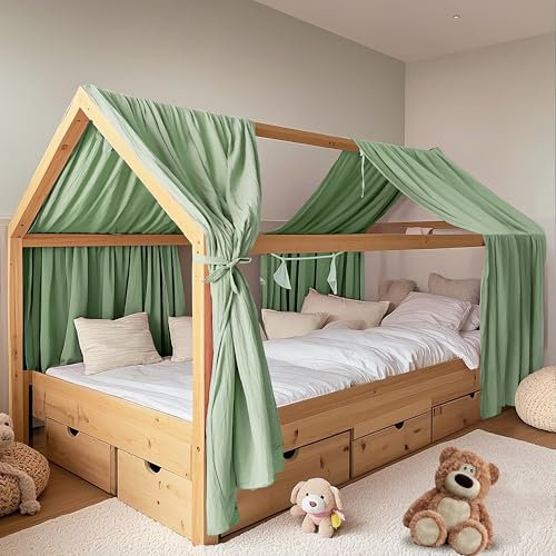 FloraVigo Hausbetthimmel 2 Stück, handgefertigt aus 100% Baumwoll-Musselin, Stoffhimmel zur Hausbettdekoration, für Mädchen und Jungen (2er Set 132 x 320cm Grün)