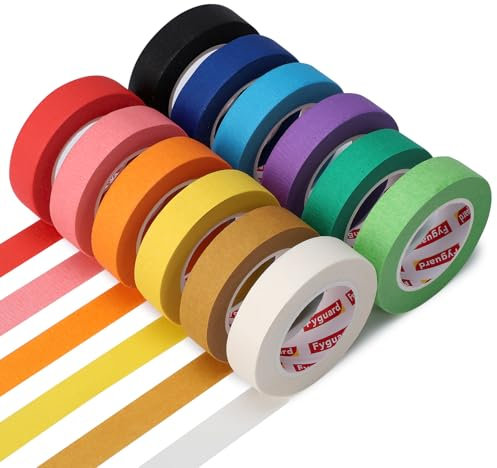 Fyguard 12 Rolle Kreppband Bunt, 15mm x 13m Regenbogen masking tape Maler Klebeband Abklebeband für Zuhause Klassenzimmer Büro DIY Basteln