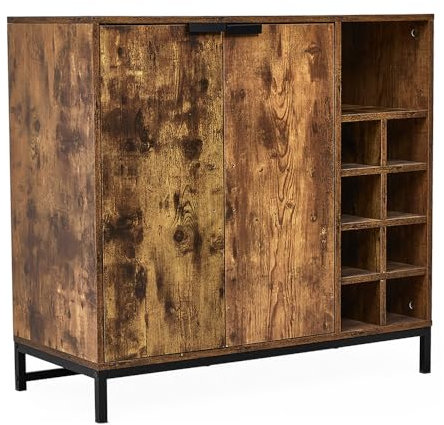 Warmiehomy Wooden Sideboard Storage Cabinet Free Standing Kitchen Cabinets Cupboard Wine Drinks Cabinet Storage Unit w/2 Doors & Wine Racks, Sideboards for Living Room Bedroom Home Bar Hallway, Brown