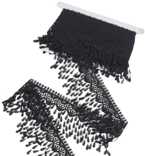 GORGECRAFT 4.57 m Quasten Spitzenfransenbesatz 8.5cm Breit Schwarz Besticktes Band Stoff Aus Polyester Gewellter Rand Häkelspitze Guipure Venezianischer Besatz Zum Nähen von Kleidung Hochzeitskleid