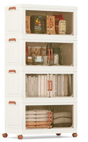 COSTWAY Caja de Almacenamiento Plegable 280 L, Paquete de 4 Contenedores de Almacenaje de Plástico con Puertas de Apertura Frontal, Cajas de Almacenaje Apilables con 4 Ruedas, para Dormitorio