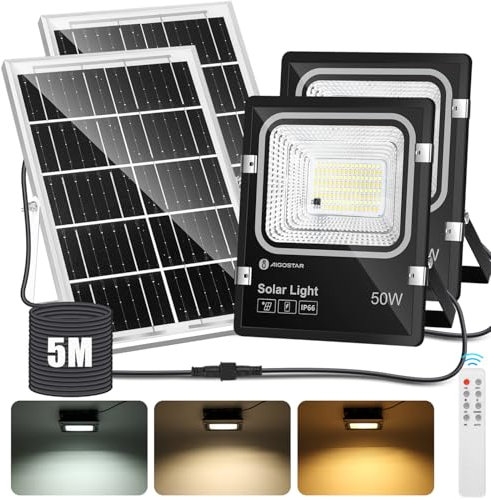 Aigostar - Foco solar exterior con mando a distancia,2 piezas,Cable de 5m.4000mAH,Batería de gran capacidad y gran panel solar.regulable 3000/4000/6500K.Uso interior/exterior IP66:jardín,patio,camino