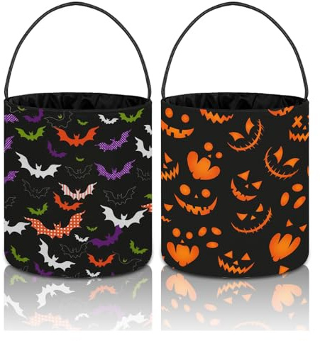 QITHGYD Halloween Eimer Set - 2 Stück Halloween Korb Taschen für Süßigkeiten mit Verschiedenen Motiven, Perfekt als Korb Kinder für Trick or Treat und Party Deko