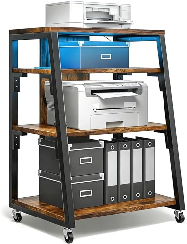 4-Tier Rolling Printer Stand Table with Storage&Outlets,Movable 3D Printer Desk with Charging Station&RGB LED Lights,Printers Table With Adjustable Shelves&Wheels,Home Office Organization Trolley