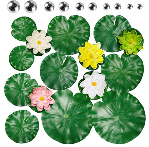 Sixfolo Set med 25 flytande dammdekoration konstgjorda näckrosor flytande liten lotusblomma skum med näckrosblad och rostfritt stål simkula för trädgård damm akvarium terrass pool dekoration