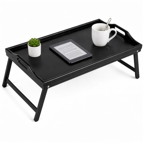CROWNSHOP Bamboo Bed Tray Table 50x30x24cm – Foldable Breakfast in Bed Tray with Handles & Folding Legs, Portable Lap Tray for Eating, Working, Laptop, Sofa, and Breakfast in Bed (Black, 1 PCS)