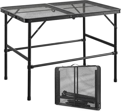 Bingyouth BBQ Table, 90 x 60 cm Metal Folding Camping Table, Portable Outdoor Garden Table with Mesh Top, Adjustable Height 40.5/65 cm, BBQ Side Table for Barbecue, Camping Cooking, Picnic & Fishing