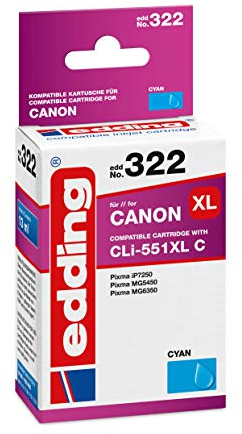 edding Druckerpatrone EDD-322 - Einzelpatrone - Cyan - 13 ml - Reichweite 845 Seiten - Ersetzt Canon CLI-551XL