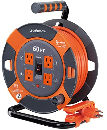 Link2Home 60 Ft. Extension Cord Reel, 4 Power Outlets, 14 AWG SJTW