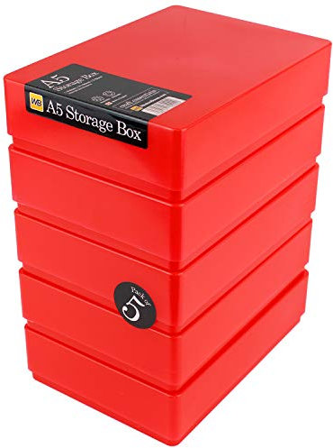 WestonBoxes A5 Plastic Craft Storage Boxes with Lids for Art Supplies, Paper and Card - 1.8 Litre Volume (Red, Pack of 5)