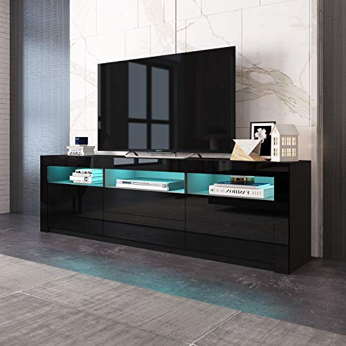 UNDRANDED LED TV Cabinet Modern 160cm 2 Doors 2 Drawers TV Stand Unit Cabinet Matt Body High Gloss Doors with 16 Colors FREE LED LIGHT TV Wooden Units Sideboard for Living Room(Black)