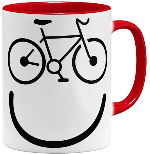 OM3® lustige Fahrrad Kaffee-Tasse mit lachendem Gesicht - Bicycle Happy Smile - Keramik Becher - 325ml - Beidseitig Bedruckt - Rot