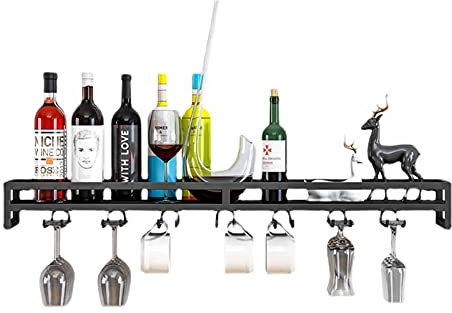 Rack di Vino di Ferro Portabottiglie a Parete e Supporto in Vetro Porta Bottiglie Barre da muro Scaffale Vini Mensola del Vino Porta Bicchieri di Vino Portabicchieri per bar, cantina, kitches - nero