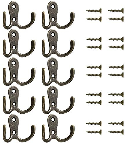 Mokife 10 Stück Kleiderhaken Vintage Bronze, Kleine Wandhaken Retro Doppelt Garderobenhaken für Schlafzimmer Bad Küche Büro