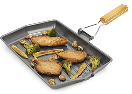 Homiu Plancha de acero al carbono con superficies antiadherentes con mango plegable para estufas y parrillas (rectangular grande)